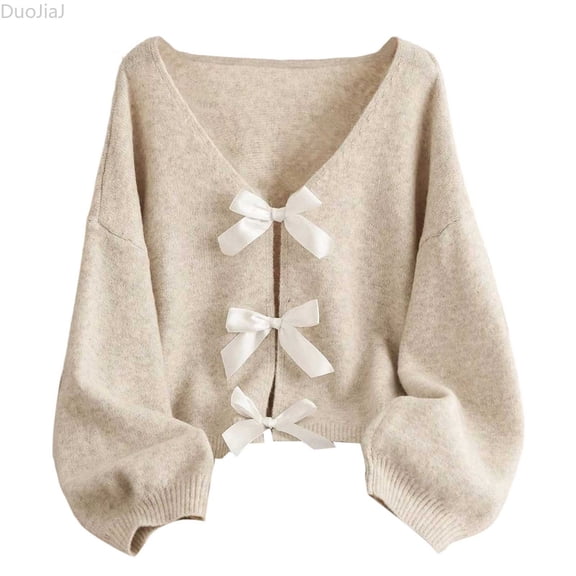 DuoJiaJ Womens Bow Tie Knit Cardigan, V Neck Loose Fit Fall Winter Sweater Beige L
