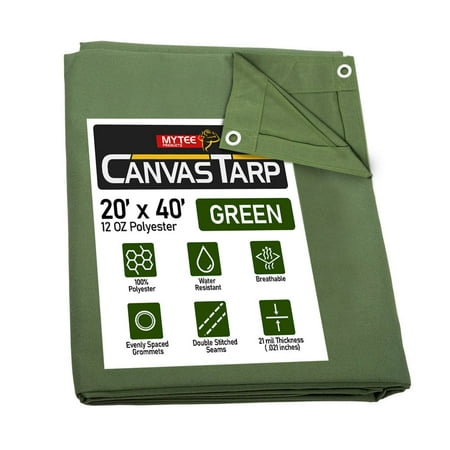 20 x 40 12oz Green Canvas Tarp with Grommets - Water Resistant - Heavy Duty Canvas Tarps - Multipurpose Tarpaulin Cover for Canopy Tent Roof Camping Semi Trucks & Cargo