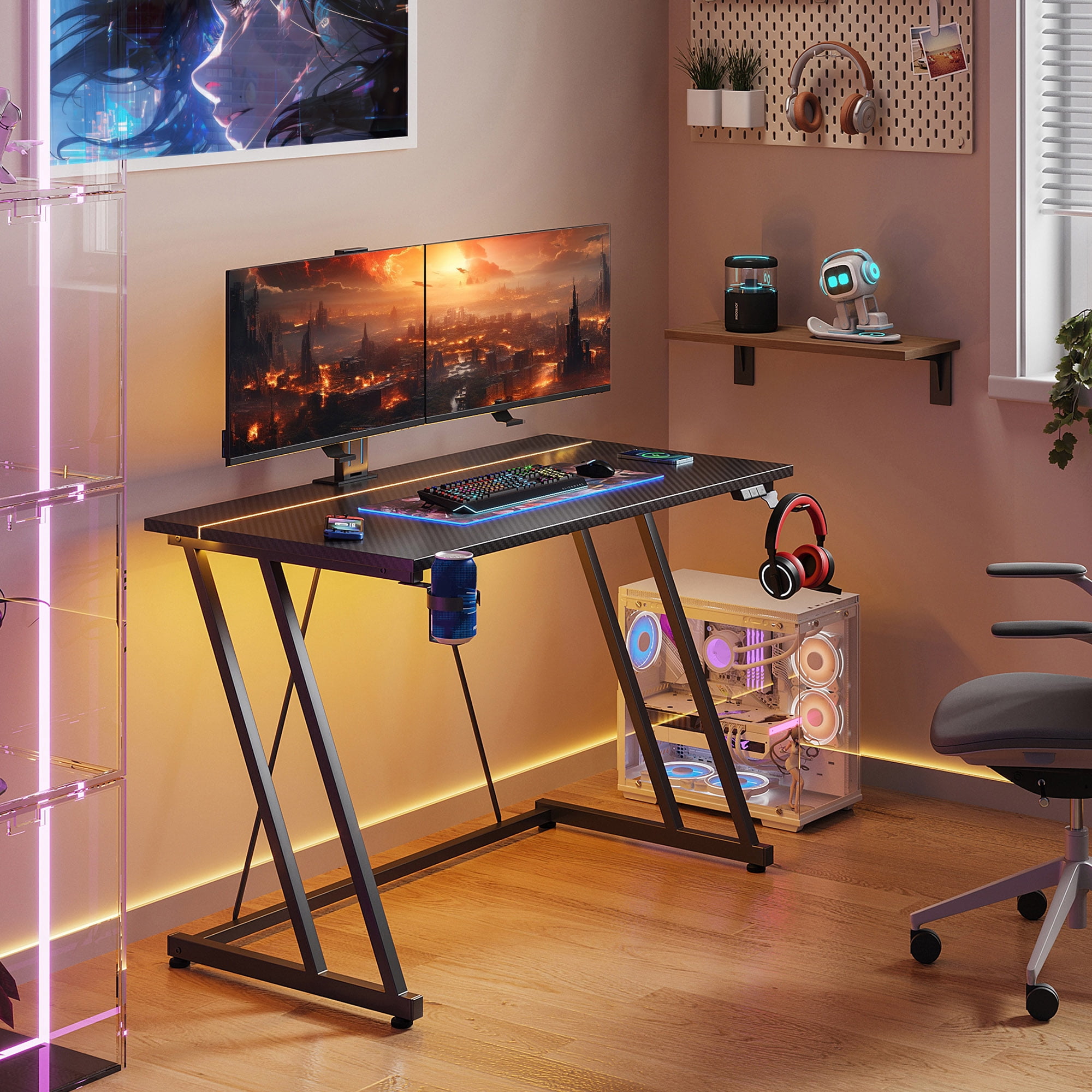 31.5 inch Gaming Desk with Z-Leg Design, Computer Desk with LED Light, Gaming Table Suitable for Small Space, Black