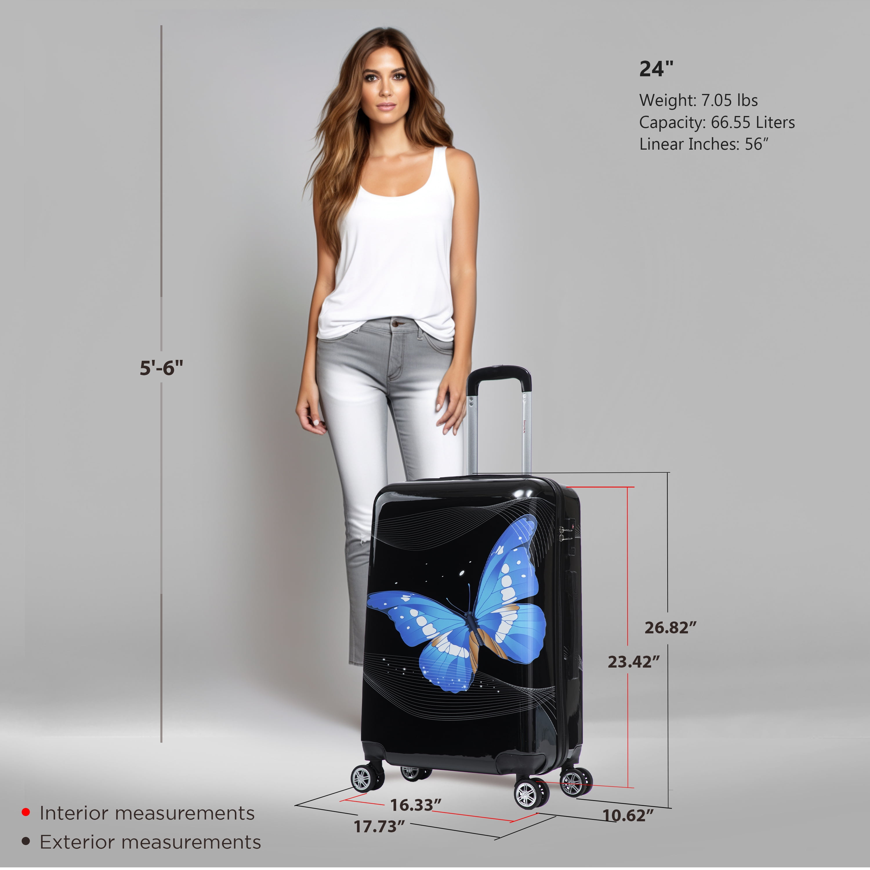 InUSA Print 24" Hardside Lightweight Luggage with Spinner Wheels, Handle, Trolley, Black Butterfly