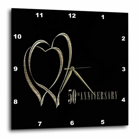 50th Anniversary Clocks - 3dRose Two Gold Hearts 50th Anniversary, Wall Clock, 10 by 10-inch