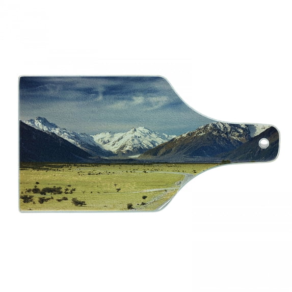 Mountain Cutting Board, Landscape with Road and Snow Capped Mountains Southern Alps New Zealand, Tempered Glass Cutting and Serving Board, Wine Bottle Shape, Navy Blue White Olive, by Ambesonne