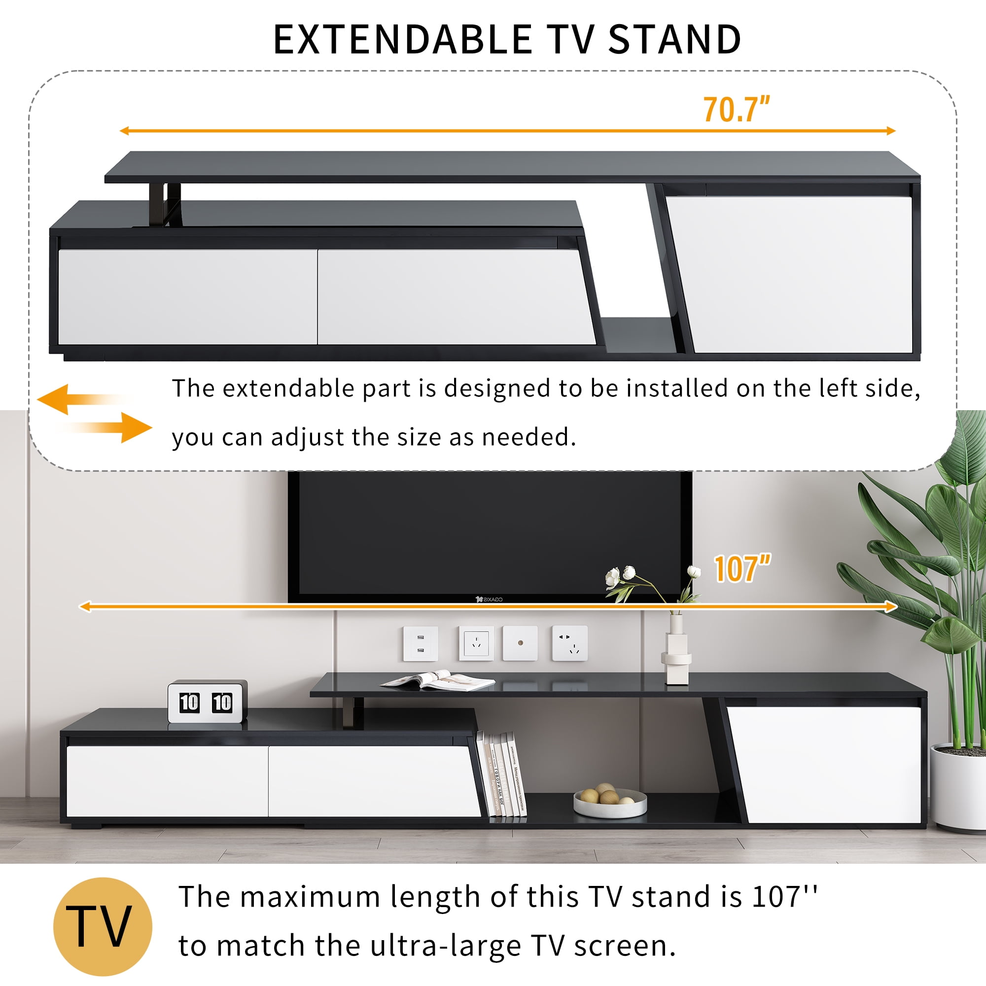 Aukfa Extendable TV Stand for TVs up to 100" with Storage Drawers & Cabinet for Living Room,Black