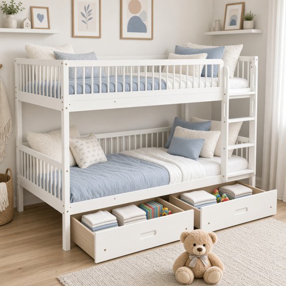 Twin Over Twin Bunk Bed, Pine Wood Bunk with 2 Drawers, Converts to 2 Twin Beds, with Ladder & Safety Guardrails, White