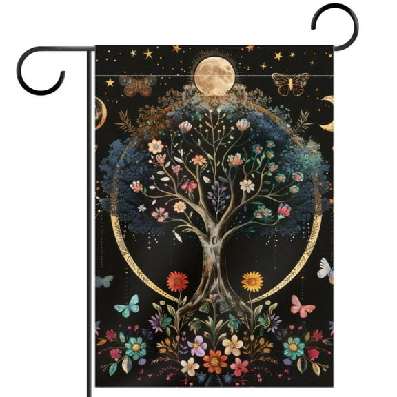 Aesthetic Moon Phase Tree of Life Flowers Colorful Butterflies Garden Flag Double Sided House Flag for Outdoor Home, Personalized All Year Round Yard Decor 12 x 18 Inch