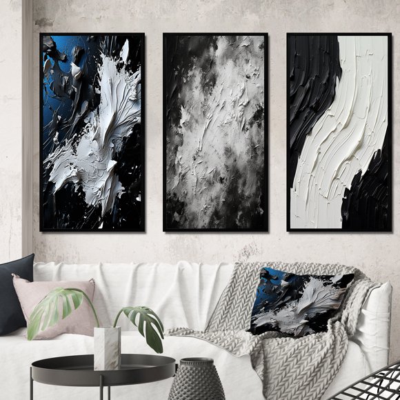 Designart "Abstract Stream of Euphoria I" Abstract Painting Framed Wall Art Set Of 3 - Blue Modern Frame Canvas Set For Living Room Decor