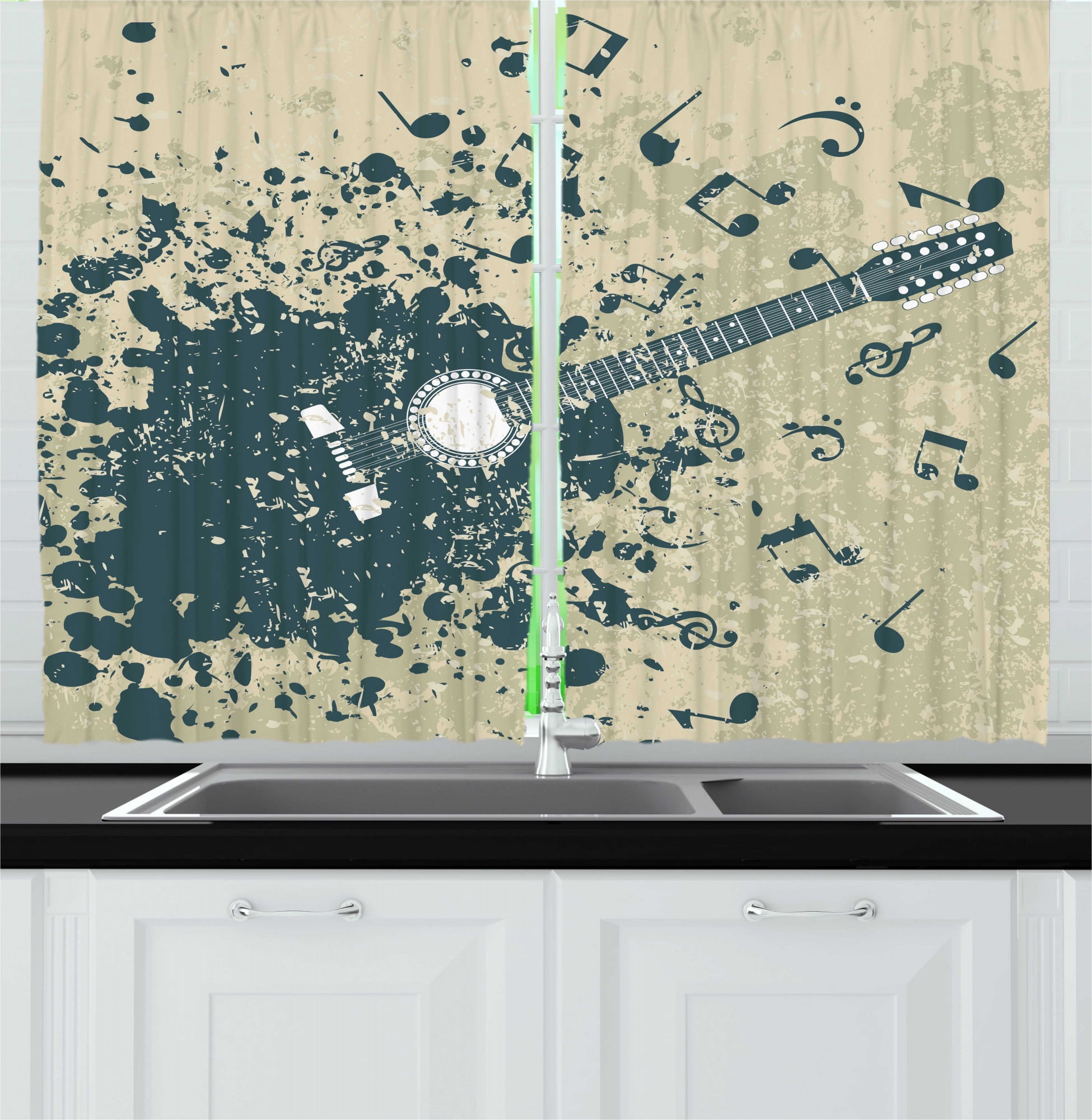 Modern Kitchen Curtains Acoustic Guitar On Retro Murky Background Music Notes Melody Illustration Two Panels Drapes With Rod Pocket Room Decor 55 X 45 Beige Dark Blue By Ambesonne Walmart Com