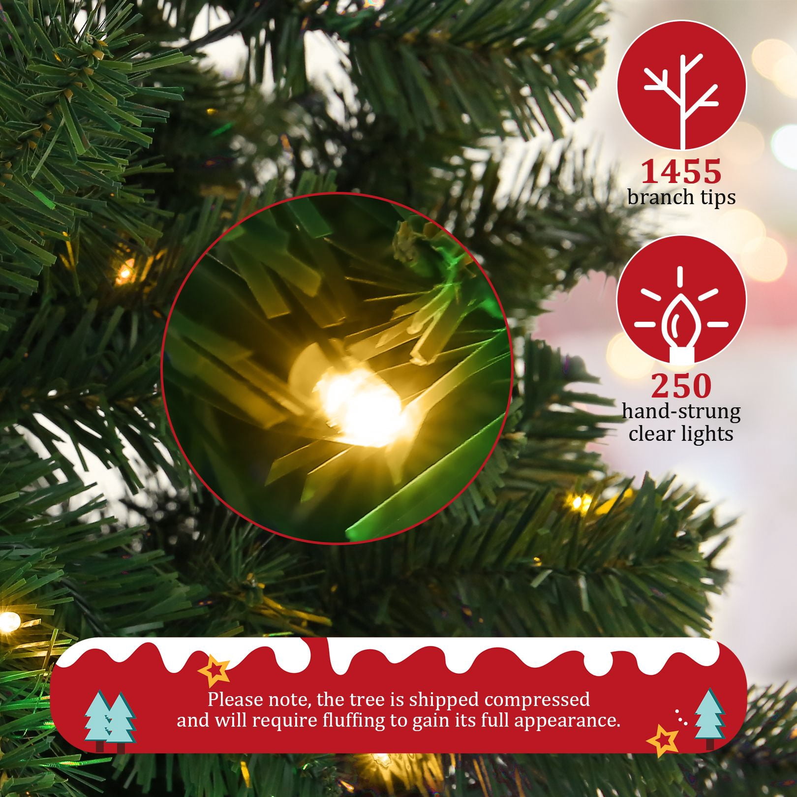 Funcid 6ft Premium Pre-Lit Hinged Artificial Christmas Tree Full Tree with 1477 PVC Branch Tips, 250 Multicolored Lights, 10 Light Sequences, Foldable Metal Stand, Green