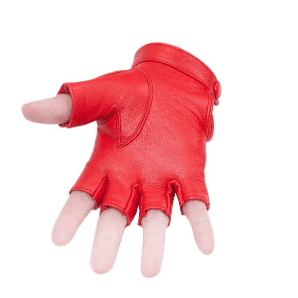 Driving Half Finger Finger less Knuckle Holes For Men Genuine Motorcycle Leather Gloves Red M