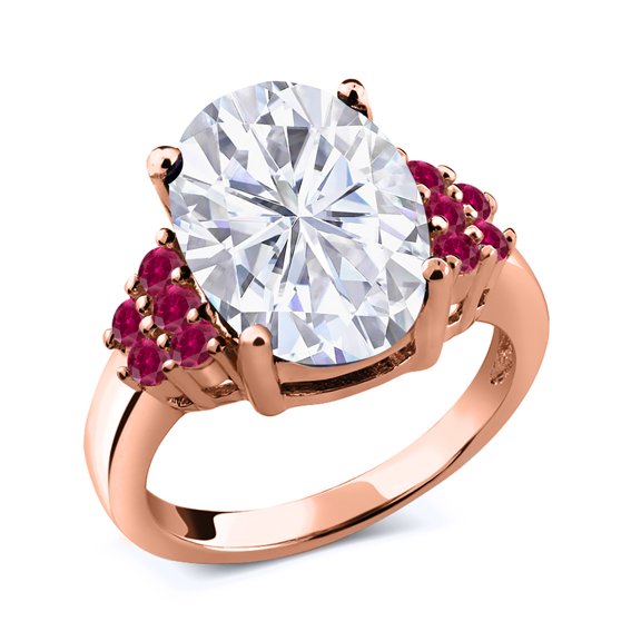 Gem Stone King 18K Rose Gold Plated Silver Red Created Ruby Ring Set with Moissanite (5.65 Cttw) (Size 9)