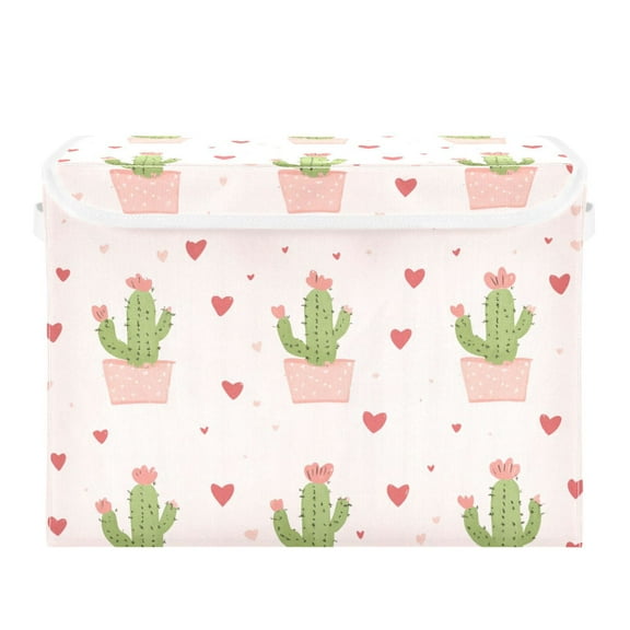 Valentine Cactus with Hearts Foldable Storage Bin with Lid and Handle Collapsible Storage Box 16.5 x 12.6 x 11.8 inches