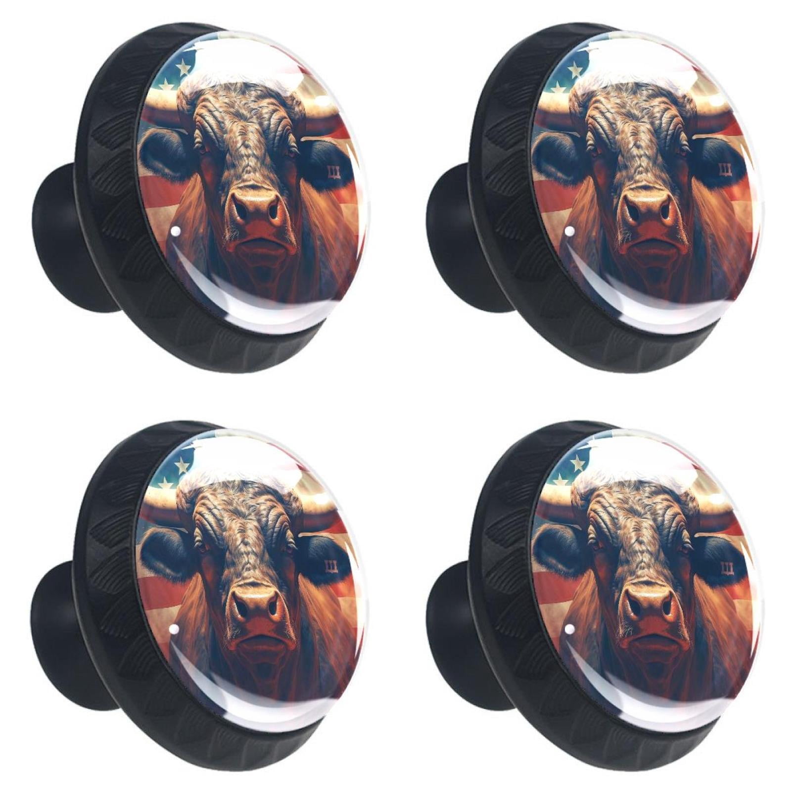 4 Pcs Cow American Flag Knobs for Kitchen Cabinet Cupboard Dresser Bookcase Drawer Pulls Handles Round Home Decor
