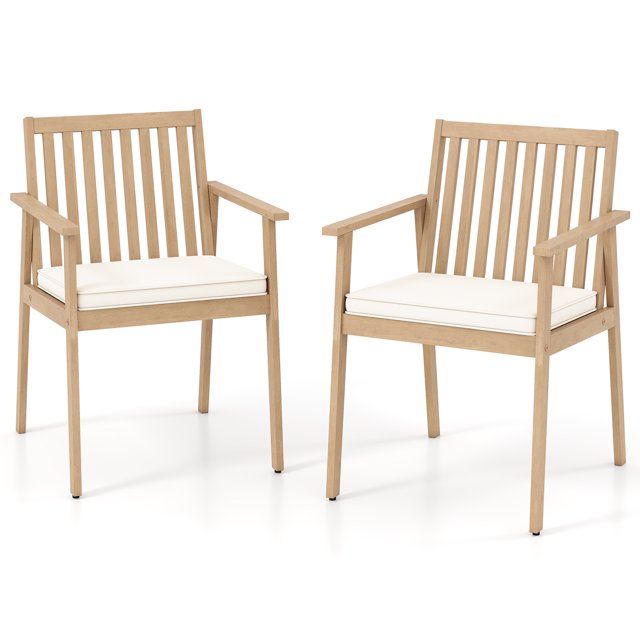 Gymax 2 PCS Patio Dining Chairs w/ Removable Padded Cushion Armrests & Teak Oil Finish