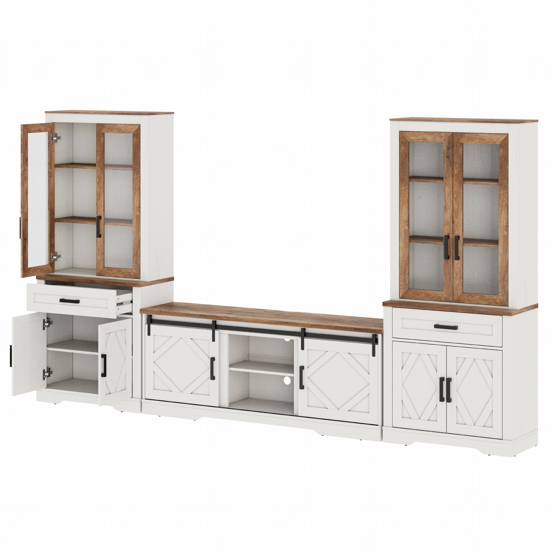 WAMPAT Farmhouse Entertainment Center with Bookshelf for TVs up to 75",Mid Century Modern TV Stand with 73"H Tall 5-Tier Bookcase with 2 Drawers and Glass Doors for Living Room,Bedroom, White Oak