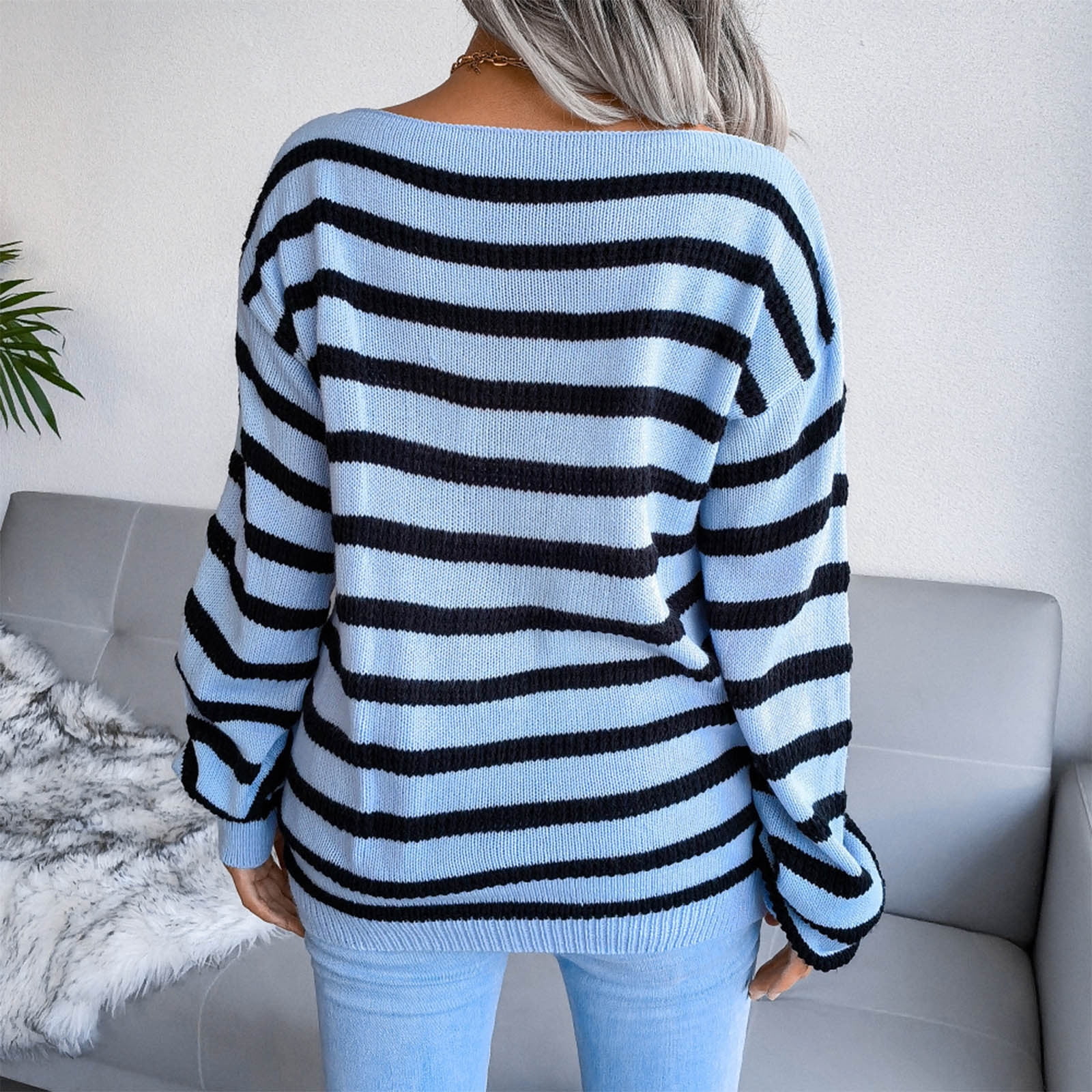 IROINNID Womens Sweater One-Shoulder Pullover Sweater Stripes Comfy Mid-Length Long Sleeve Sweater
