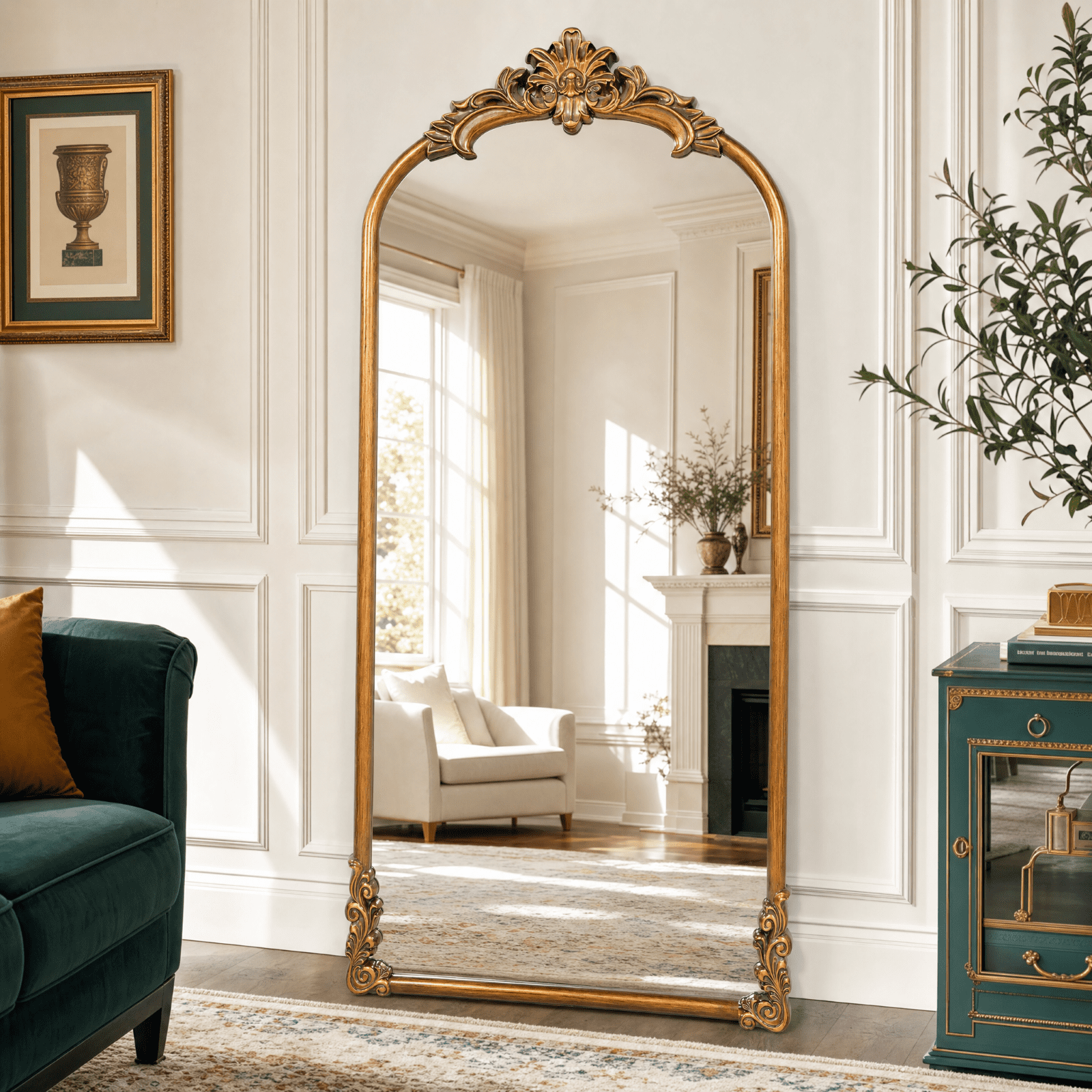 VORENTA 71"x32" Vintage Floor Mirror Arched Full Length Mirror Baroque Carved Wall Mounted Decor Traditional Ornate Mirror with Stand, Antique Bronze