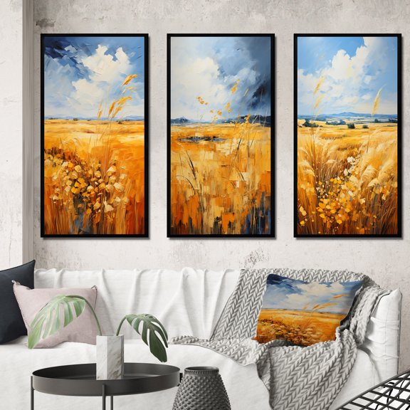 Designart "Golden Prairies Under a Bold Yellow and Blue Sky I" Landscape & Nature Framed Wall Art Set Of 3 - Gold Prairies Frame Gallery Wall Set For Home Decor