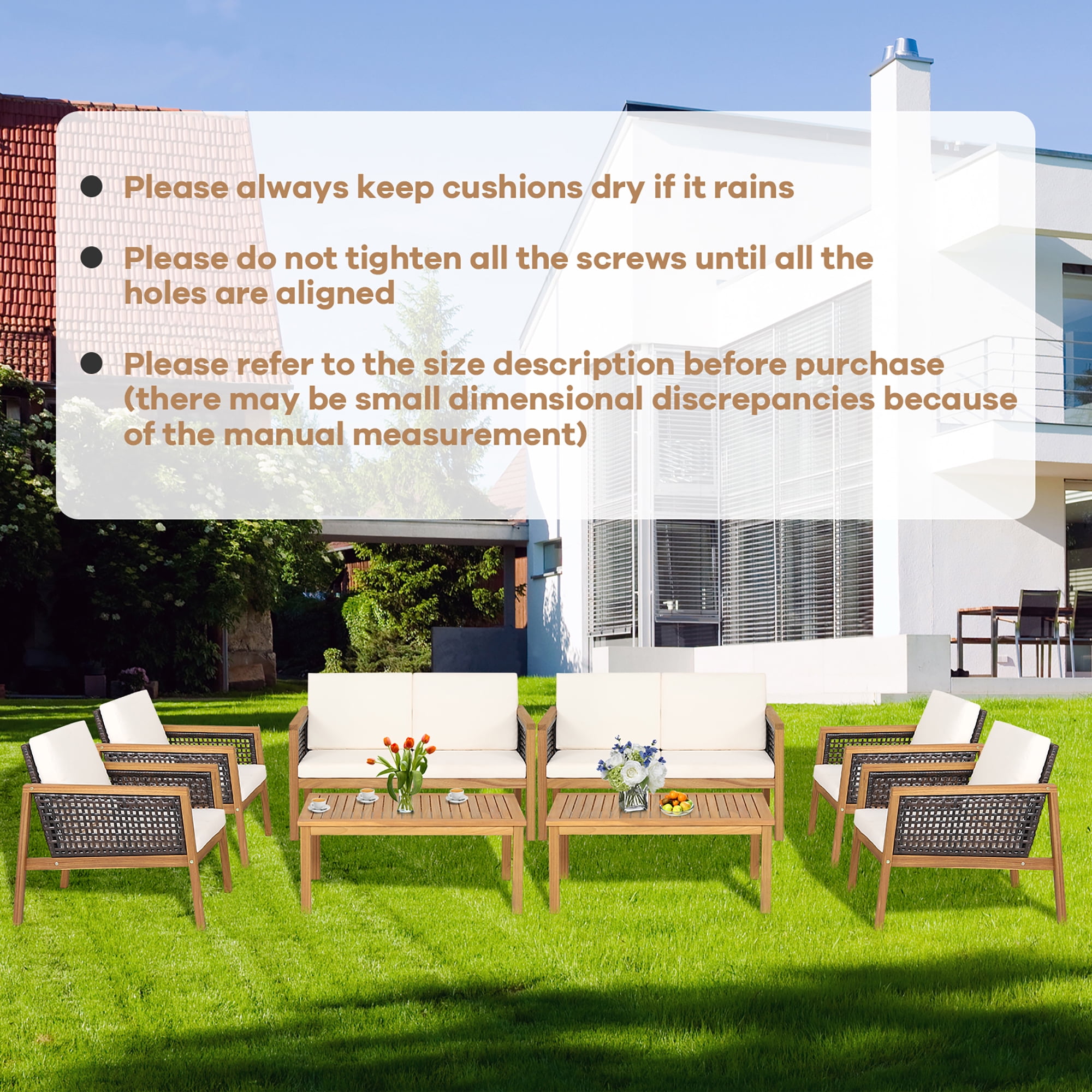 Costway 4PCS Patio Rattan Furniture Set Acacia Wood Cushioned Sofa Off White