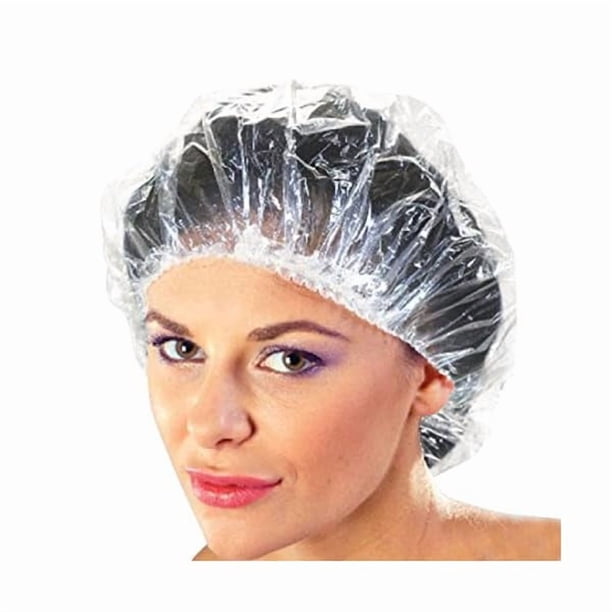 wonima11 100 Disposable Clear Mop Mob Caps Clipped Hair Head Cover Shower Cap Plastic for Beauty Salon,Food Service,Hospitals,Laboratories,Manufacturing or Spray Tanning