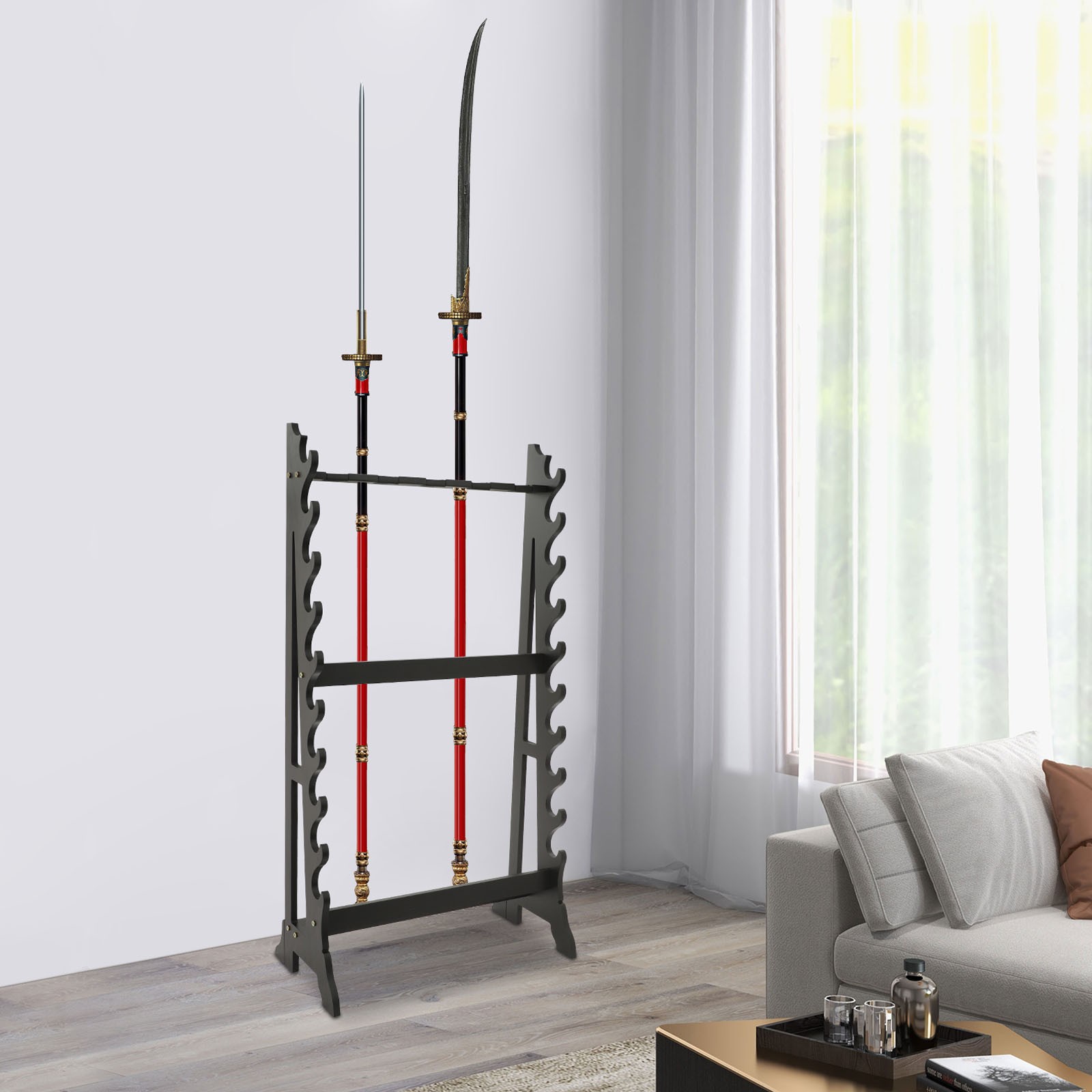 10-Layer Sword Stand, 5-Hole Katana Sword Display Rack, Black, Holds 10 Swords & Long Pole Weapons, 66lbs Capacity, for Home Dojo Weapon Storage & Decor