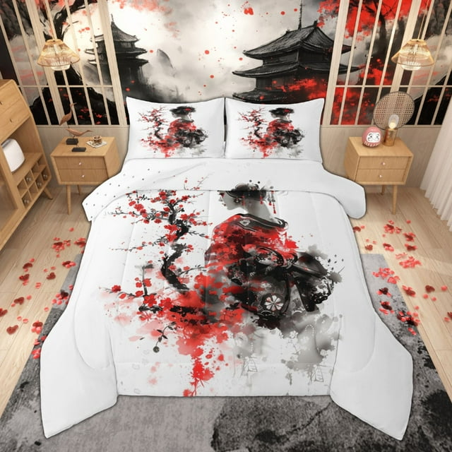 Manfei Ensemble de Couette Grand pour Filles Geisha, Ensembles de Literie de Style Japonais Traditionnel, Ensemble de Couette de Literie Fleur de Prunier Rouge, Décor de Chambre Luxueux Réversible 3 Pcs