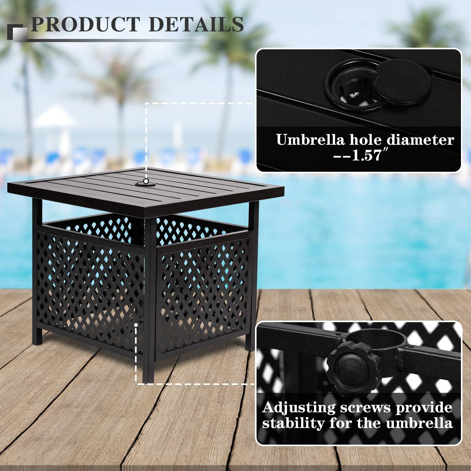 SOLAURA Outdoor Bistro Side Table Patio Metal Umbrella Base Stand with 1.57" Umbrella Hole, Black