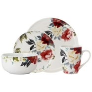 Elama Traditional Rose 16-Piece Stoneware Dinnerware Set – Service For 4, Purple Floral, Dishwasher Safe