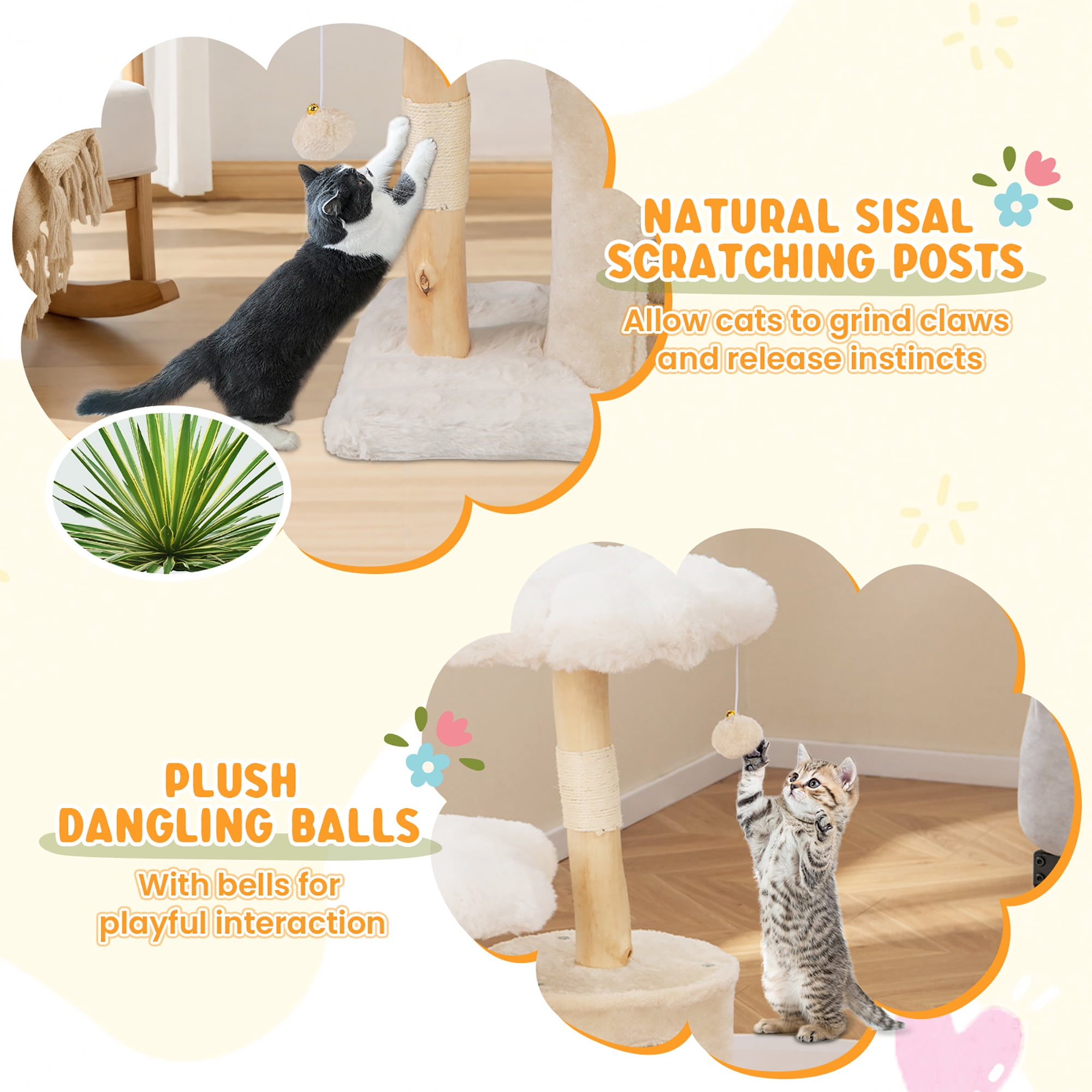 Gymax Cute Solid Wood Cat Tree Natural Branch Modern Flower Cat Tower w/Soft Long
