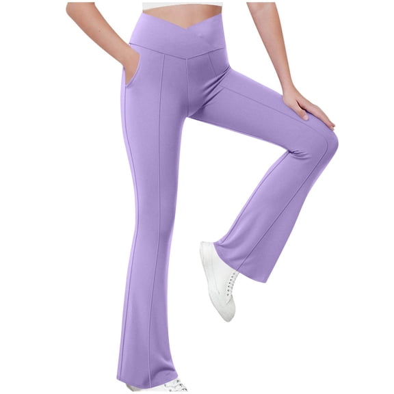 JTSRKL Girls Flare Leggings Casual V-Cross High Waisted Yoga Pants Bootcut Leggings Kids Soft Stretch Dance Bell Bottoms with Pockets Purple 15-16 Years