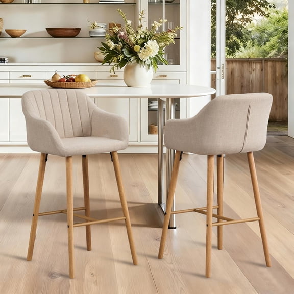 Bar Stools Set of 2, Kitchen Island Stools, Counter Stools 40” Bar Height With Curved Backrest And Footrest, Upholstered In Durable Beige Linen, Four Sturdy Solid Oak Wood Legs, 350lbs Cap