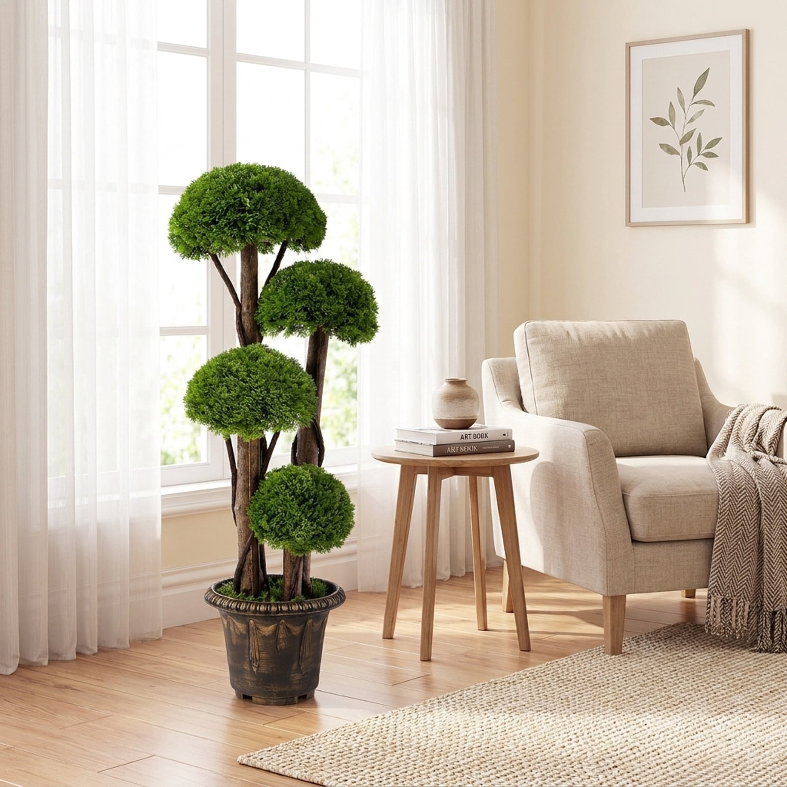 Vebreda Artificial Plant Decor, 3 FT Artificial Cypress Topiary Tree Realistic Greenery Plant with Spiral Vines and Real Wood Trunks