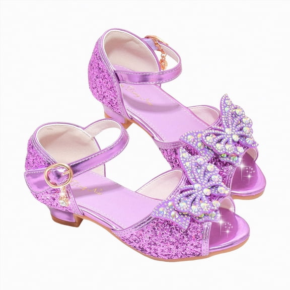 Linfrsh Kids Princess Shoes Girls Dress Shoes Low Heel Princess Flats Flower Wedding Party Glitter Shoes for Kids Toddler(Purple,Size12)