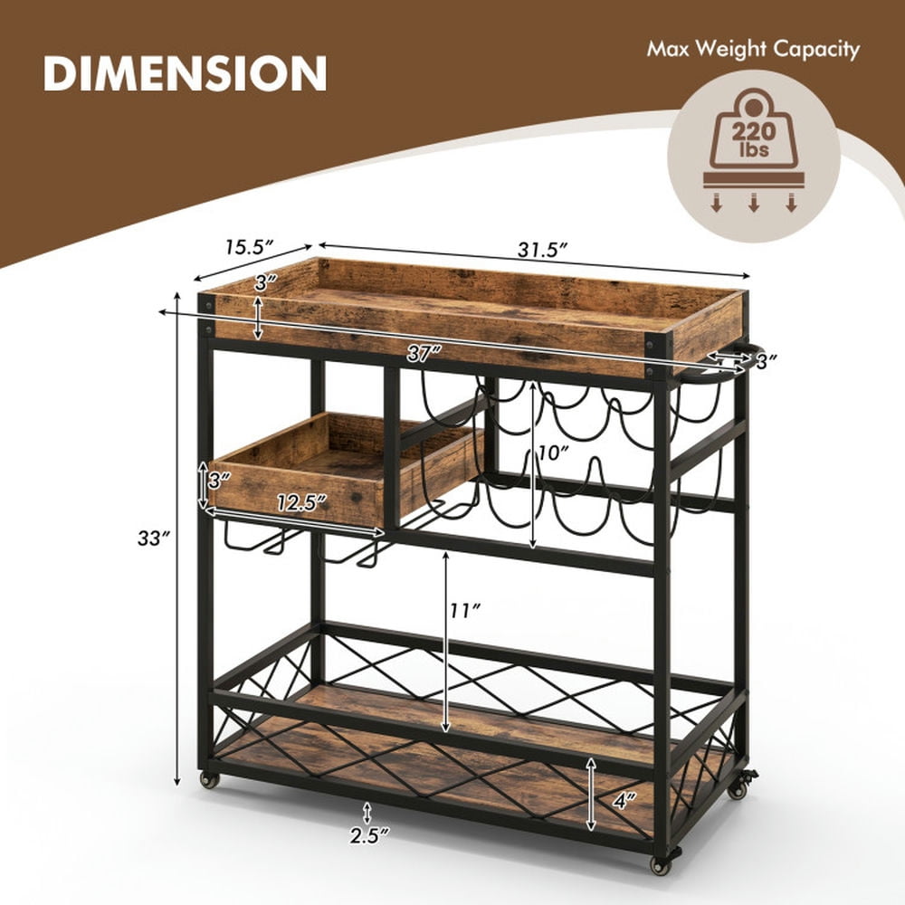 Finihen Rolling Cart, Kitchen Island Cart, 3-Tier Rolling Bar Cart with Removable Tray and Wine Rack, for Kitchen, Dining Room, Rustic Brown Finihen Rolling Cart, Kitchen Island Cart, 3-Tier Rolling Bar Cart with Removable Tray and Wine Rack, for Kitchen, Dining Room, Rustic Brown