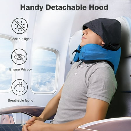 LANGRIA Travel Pillow 6-in-1 Long Haul Astronaut Memory Foam Neck Pillow with Detachable Hood Adjustable Size for All Ages Side Elastic Pocket Travel Cushion for Plane Train Car Bus