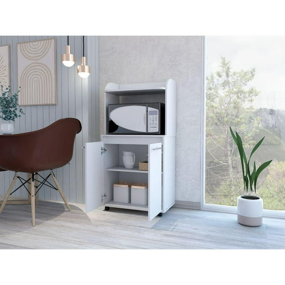 Depot E-Shop Lucca Kitchen Cart With 2 Door Cabinet, Open Shelf, Casters, And 2 Interior Shelves, White