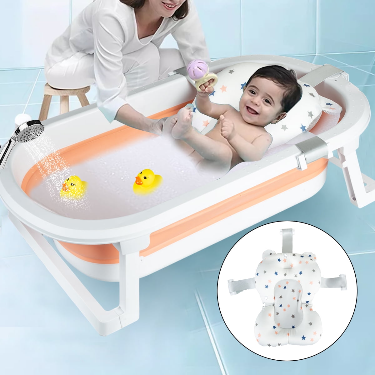 ANJORALA Foldable Baby Bath Tub with Toys, Portable Newborn Infant Bathtub, Pink+Floating Mat