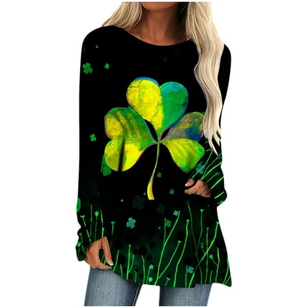 

St Patricks Day Shirt Women Long Sleeve Shamrock Green Clover Heart Shirt Floral Print Casual Comfy Blouses Tops Black shirts for women X-Large