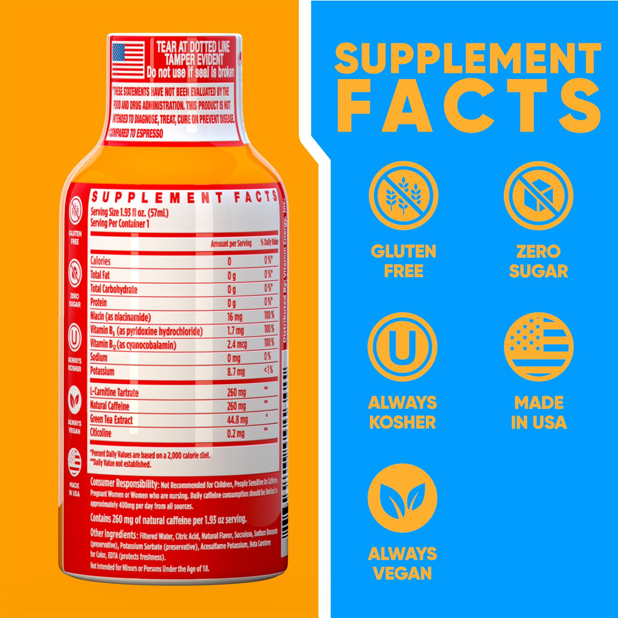 Vitamin Energy Immune+ Extra Strength Shot, Orange Burst, 48 Pack – 260mg Natural Caffeine, B-Vitamins & Citicoline, Zero Sugar, 1.93 fl oz