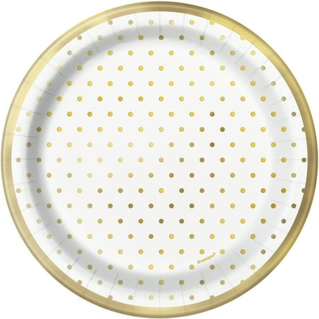 Under Construction Dessert Plates - Foil Elegant Gold Polka Dot Paper Dessert Plates, 7 in, 8ct