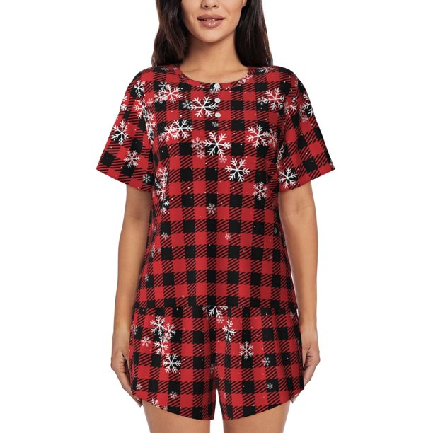 Fotbe Red Buffalo Plaid Conjunto de Pijama Estampado para Mujer, 2 Piezas, Ropa de Dormir con Camiseta de Manga Corta y Shorts Suaves-Small