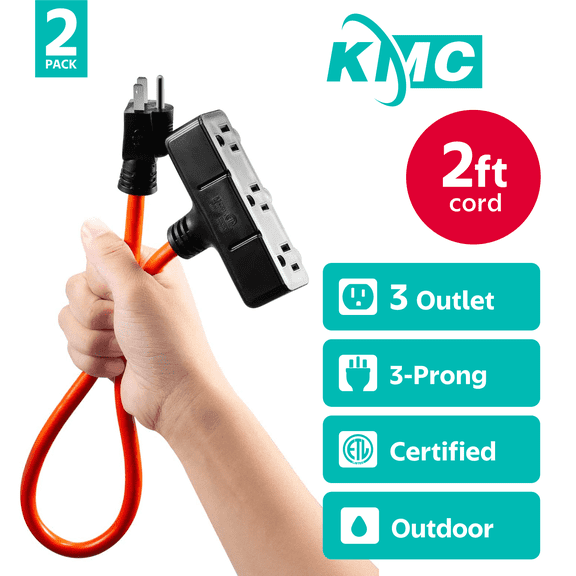 KMC 2ft Tri-Tap Outdoor Extension Cord, 12 AWG, Heavy-Duty, Weather-Resistant, Orange