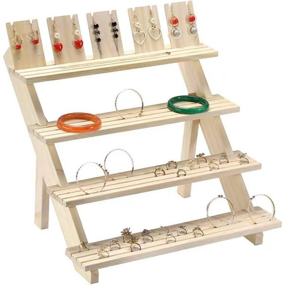 WODJR Earring Display Stand Jewelry Stand 4-Tier Wooden Jewelry Stand Wooden Display Stand Ring Earring Jewelry Display Stand Earring Card Organizer Wood Cupcake Stand Jewelry Bracelet Display Stand