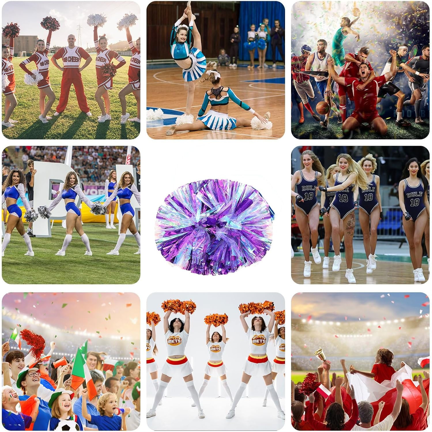 Cheerleader Pom Poms 12 Pack Sports Dance Cheering Plastic Metallic Cheerleading Pom Poms for Kids Adults
