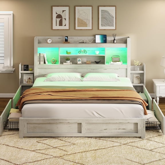 Amerlife California King Size LED Bed Frame with 4 Storage Drawers, with 49.6" H Headboard, Charging Station & 2 Slide Bedside Shelf, Distressed White