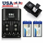 EBL 2 Pack 280mAh 9-Volt NiMH Rechargeable Batteries with 2-Slot 9V 6F22 9 Volt Battery Charger US Plug