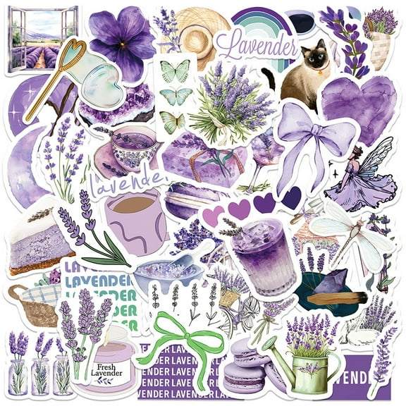 50Pcs Lavender Stickers Waterproof Vinyl Decals for Water Bottles Journals Laptops and Phone Case Decoration Floral DIY Art