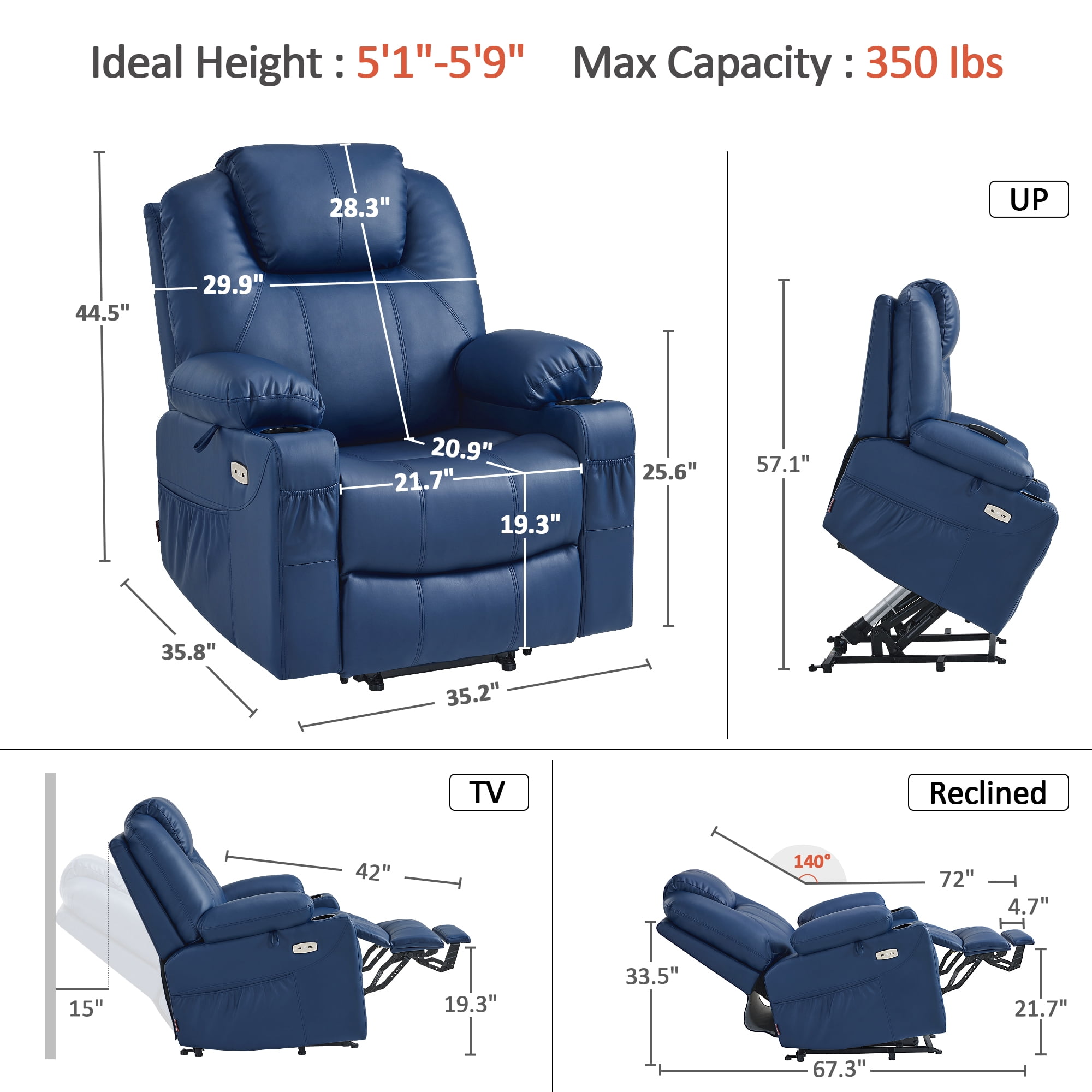 MCombo Electric Power Lift Recliner Chair with Vibration and Heat for Elderly, Faux Leather, Blue