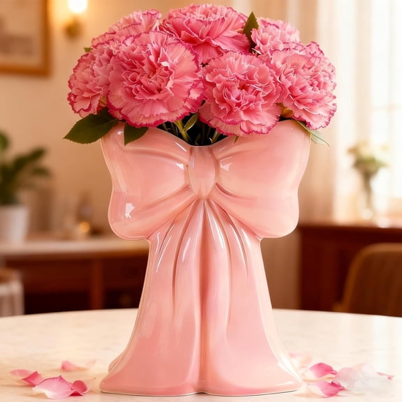 ABPETE Bow Vase Ceramic Pink Vase Cute Decorative Home Decor Minimalist Farmhouse Modern VaseFlowers Tulip Pampas Grass for Table Bathroom Shelf Centerpieces