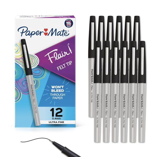 Bolígrafos con punta de fieltro Paper Mate Flair de punta ultrafina, color negro, 12
