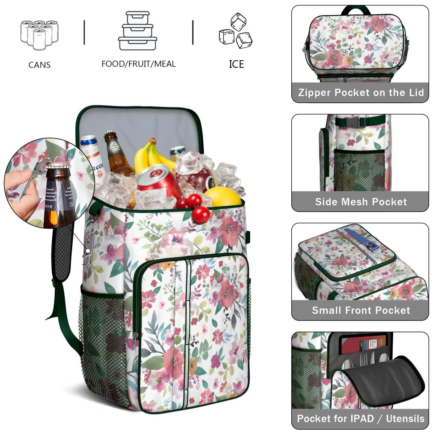 Travel Cooler Bag - Pioneer Flower Floral Print Pattern Camping Beer Cooler Backpack with Bottle Opener- Waterproof Insulated Picnic Backpacks - Cooler Bag for Beach